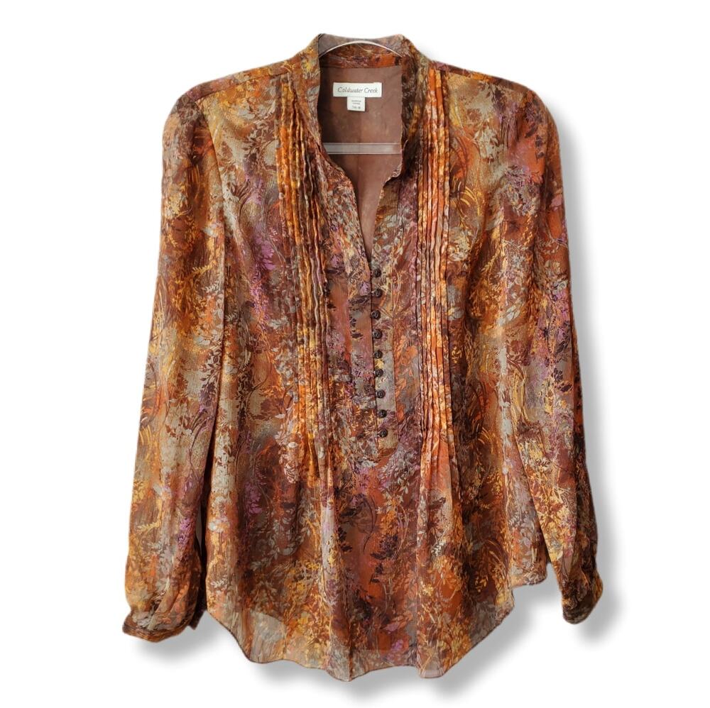 Women Coldwater Creek Pintuck Sheer Brown Floral Blouse Top S Colorful Artsy